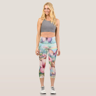Watercolor Flowers and sea and seashells on beach Capri Leggings