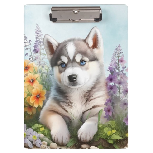 Watercolor Flowers and Siberian Husky Clipboard (Front)