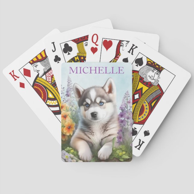 Watercolor Flowers and Siberian Husky Playing Cards (Back)