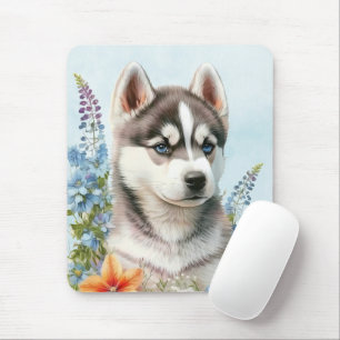 Watercolor Flowers and Siberian Husky Puppy Mouse Pad
