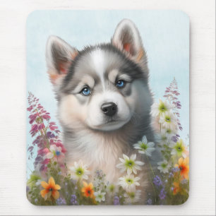 Watercolor Flowers and Siberian Husky Puppy Mouse Pad