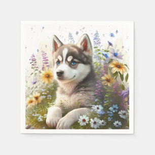 Watercolor Flowers and Siberian Husky Puppy Napkin