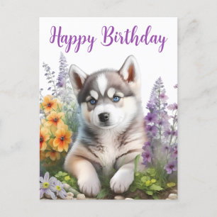 Watercolor Flowers and Siberian Husky Puppy Postcard