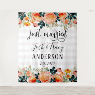 Watercolor Flowers and Striped Just Married Tapestry