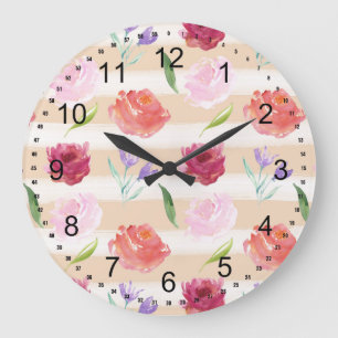 Watercolor Flowers and Stripes Large Clock