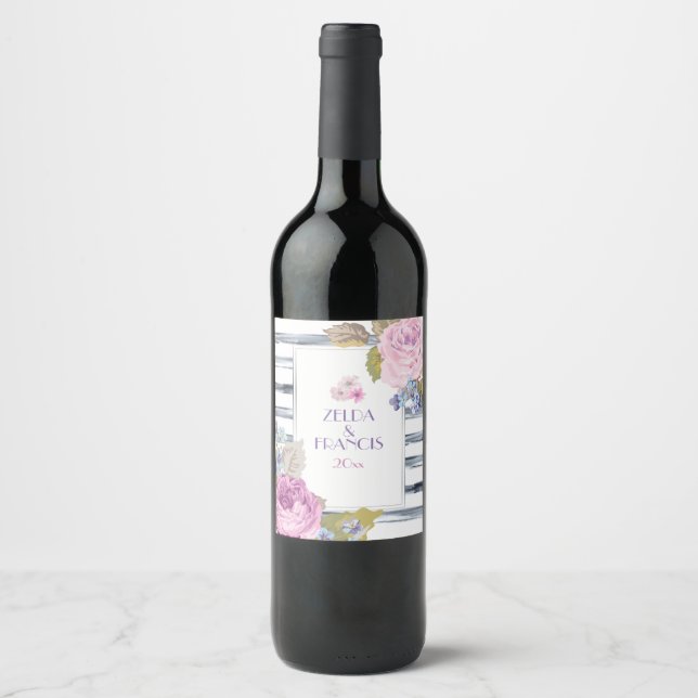 Watercolor Flowers and Stripes Wine Label (Front)