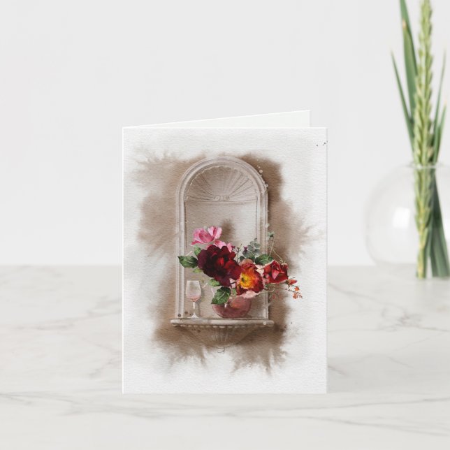 Watercolor Flowers and Wine Glass Card (Front)