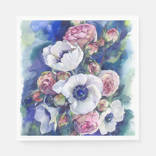 Watercolor flowers anemone roses illustration flow napkin (Front)