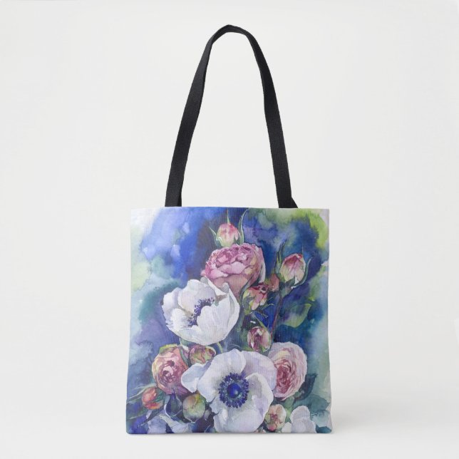 Watercolor flowers anemone roses illustration flow tote bag (Front)