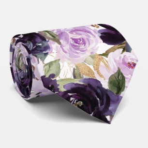 Watercolor Flowers Aubergine Purple Lilac Roses   Tie