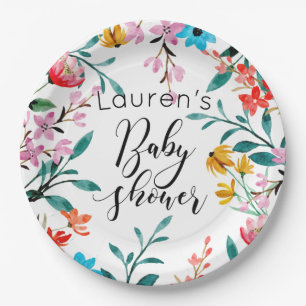 Watercolor Flowers Baby Shower Paper Plate