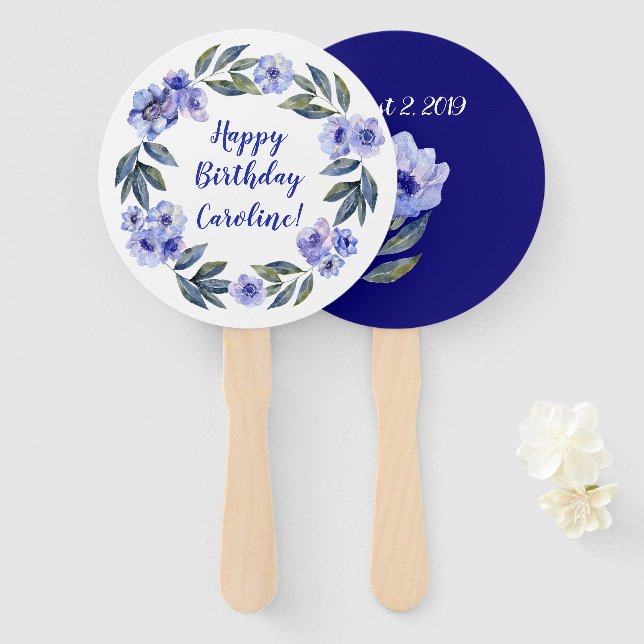 Watercolor Flowers Birthday Hand Fan (Front and Back)