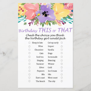Watercolor flowers Birthday this or that game