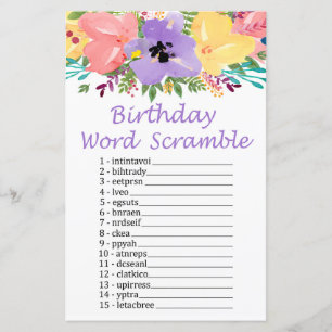 Watercolor flowers BIRTHDAY WORD SCRAMBLE Game