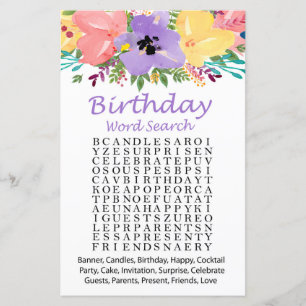 Watercolor flowers Birthday word search game