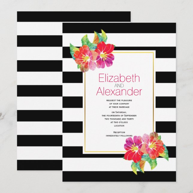 Watercolor flowers black white stripes wedding invitation (Front/Back)