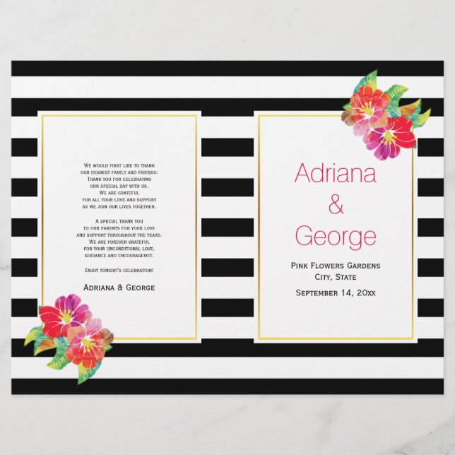 Watercolor flowers black white wedding program (Front)