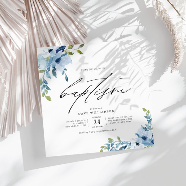 watercolor flowers blue theme boy baptism invitation (Creator Uploaded)