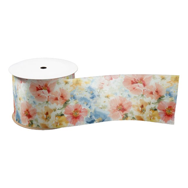Watercolor Flowers Boho Wildflower Gift Wrap  Satin Ribbon (Spool)