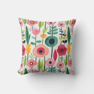 Watercolor Flowers Botanical Pattern Colorful Throw Pillow