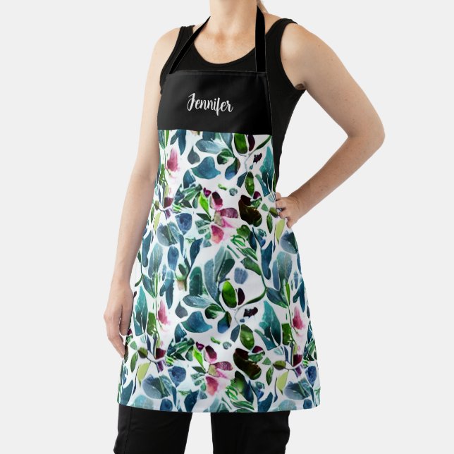 Watercolor flowers botanical pattern monogram name apron (Insitu)