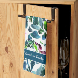 Watercolor flowers botanical pattern monogram name kitchen towel