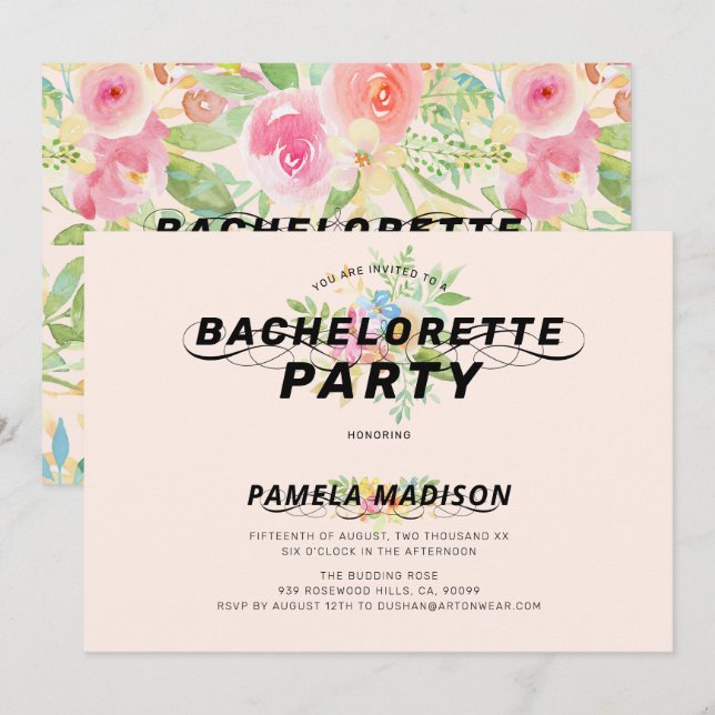 Watercolor flowers bouquet & modern typography invitation (Front/Back)