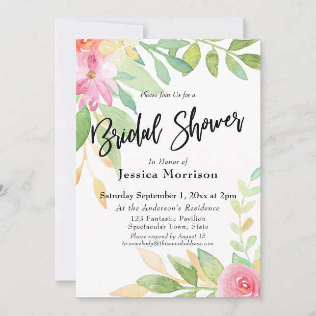 Watercolor Flowers Bridal Shower Typography Invitation (Front)