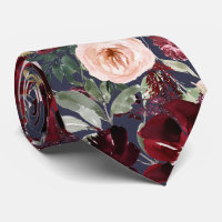 Watercolor Flowers Burgundy Blush Navy Neck Tie