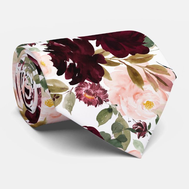 Watercolor Flowers Burgundy Blush  Tie (Rolled)