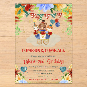 Watercolor Flowers Circus Animals Kids Birthday Acrylic Invitations