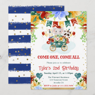 Watercolor Flowers Circus Animals Kids Birthday Invitation