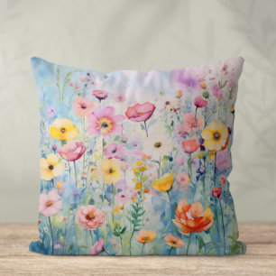 Watercolor Flowers Cottagecore Throw Pillow
