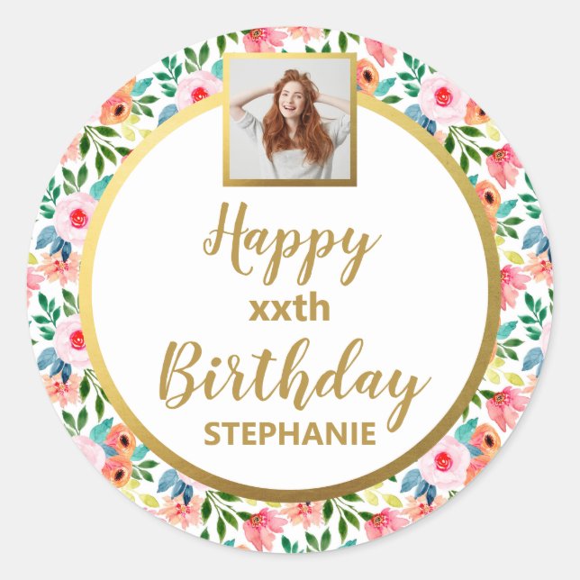 Watercolor Flowers, Custom Photo, Happy Birthday Classic Round Sticker (Front)
