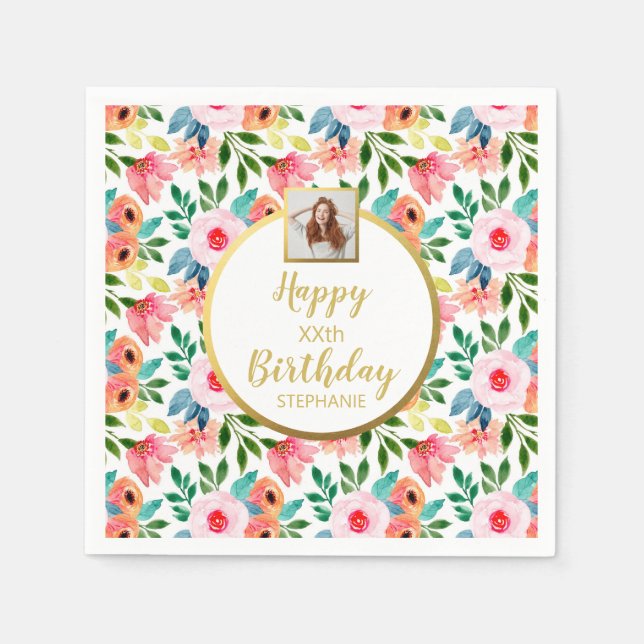 Watercolor Flowers, Custom Photo Text, Birthday Napkin (Front)