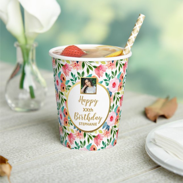 Watercolor Flowers Custom Photo Text Birthday Paper Cups (Insitu)