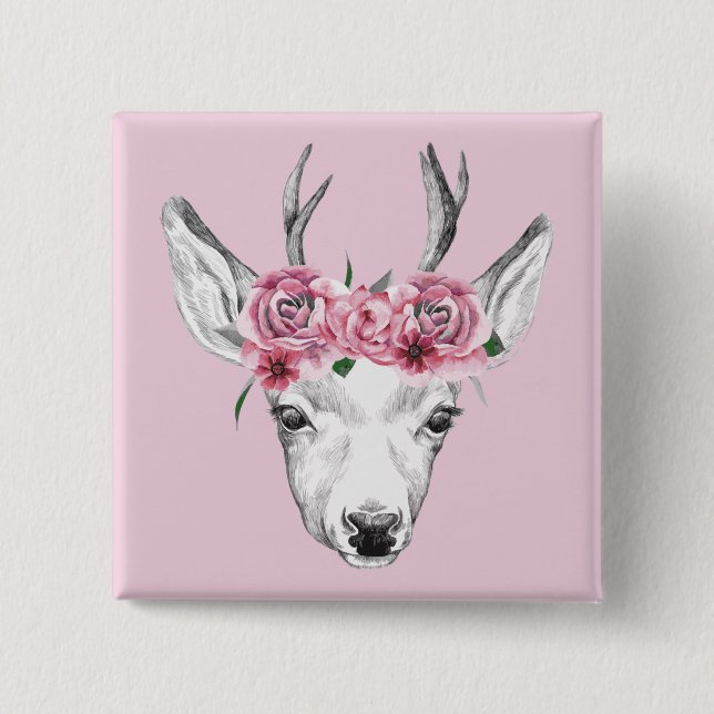 Watercolor Flowers Deer 2 Inch Square Button (Front)
