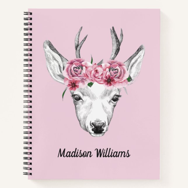 Watercolor Flowers Deer | Add Your Name Notebook (Front)