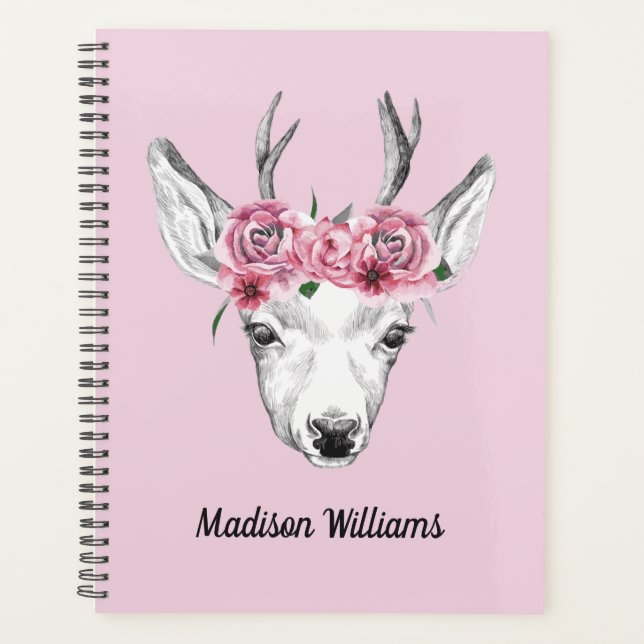 Watercolor Flowers Deer | Add Your Name Planner (Front)