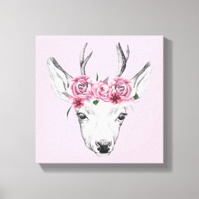 Watercolor Flowers Deer Canvas Print (Front)