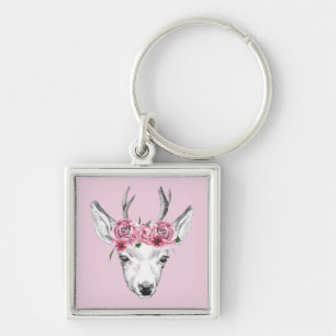 Watercolor Flowers Deer Keychain
