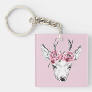Watercolor Flowers Deer Keychain
