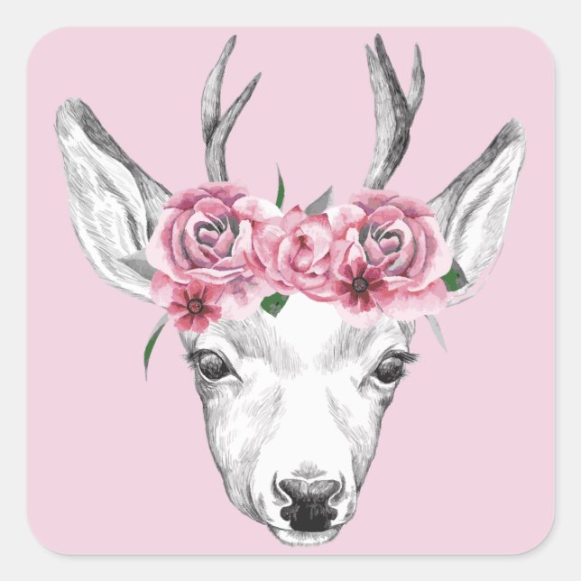 Watercolor Flowers Deer Square Sticker (Front)