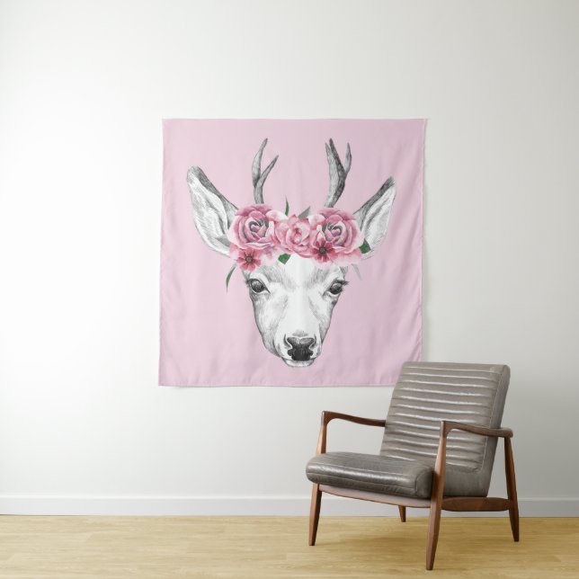 Watercolor Flowers Deer Tapestry (In Situ)
