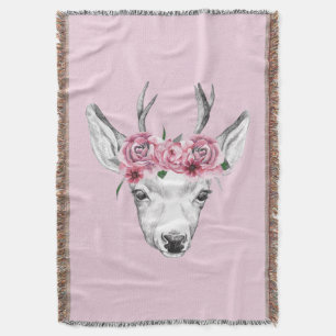 Watercolor Flowers Deer Throw Blanket