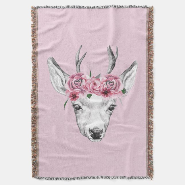 Watercolor Flowers Deer Throw Blanket (Front Vertical)