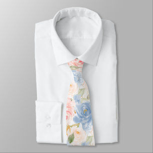 Watercolor Flowers Dusty Blue Dusty Pink Roses Tie