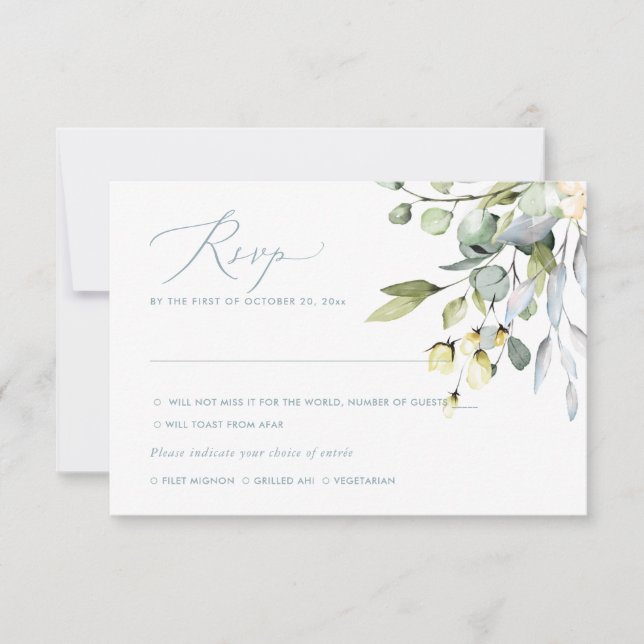 Watercolor Flowers Dusty Blue Gum Eucalyptus, RSVP Invitation (Front)