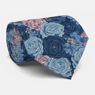 Watercolor Flowers Dusty Blue Navy Roses Tie