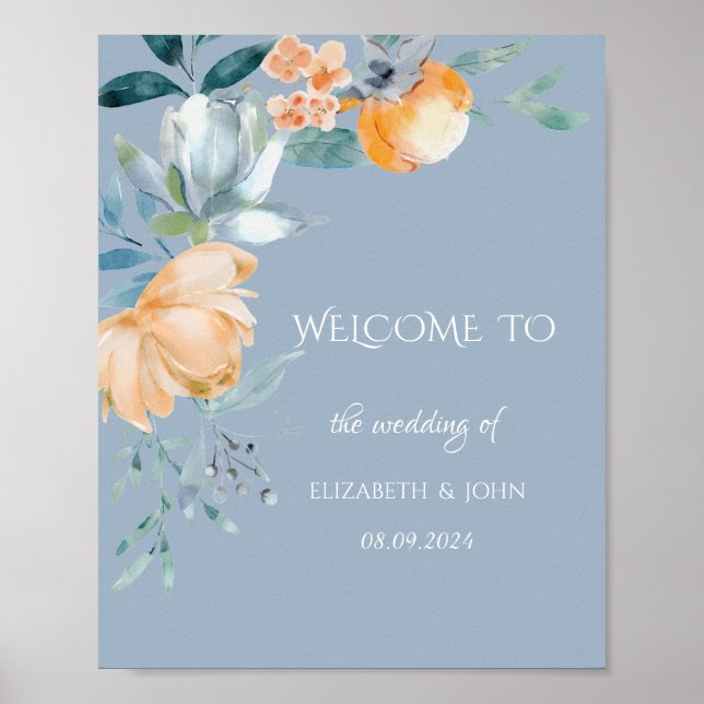 Watercolor Flowers Dusty Blue Poster (Front)